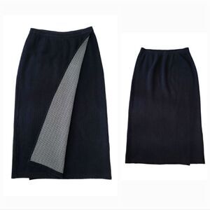 Vintage Lands End Waffle Knit Faux Wrap Midi Skirt in Black/Stripe Size Medium